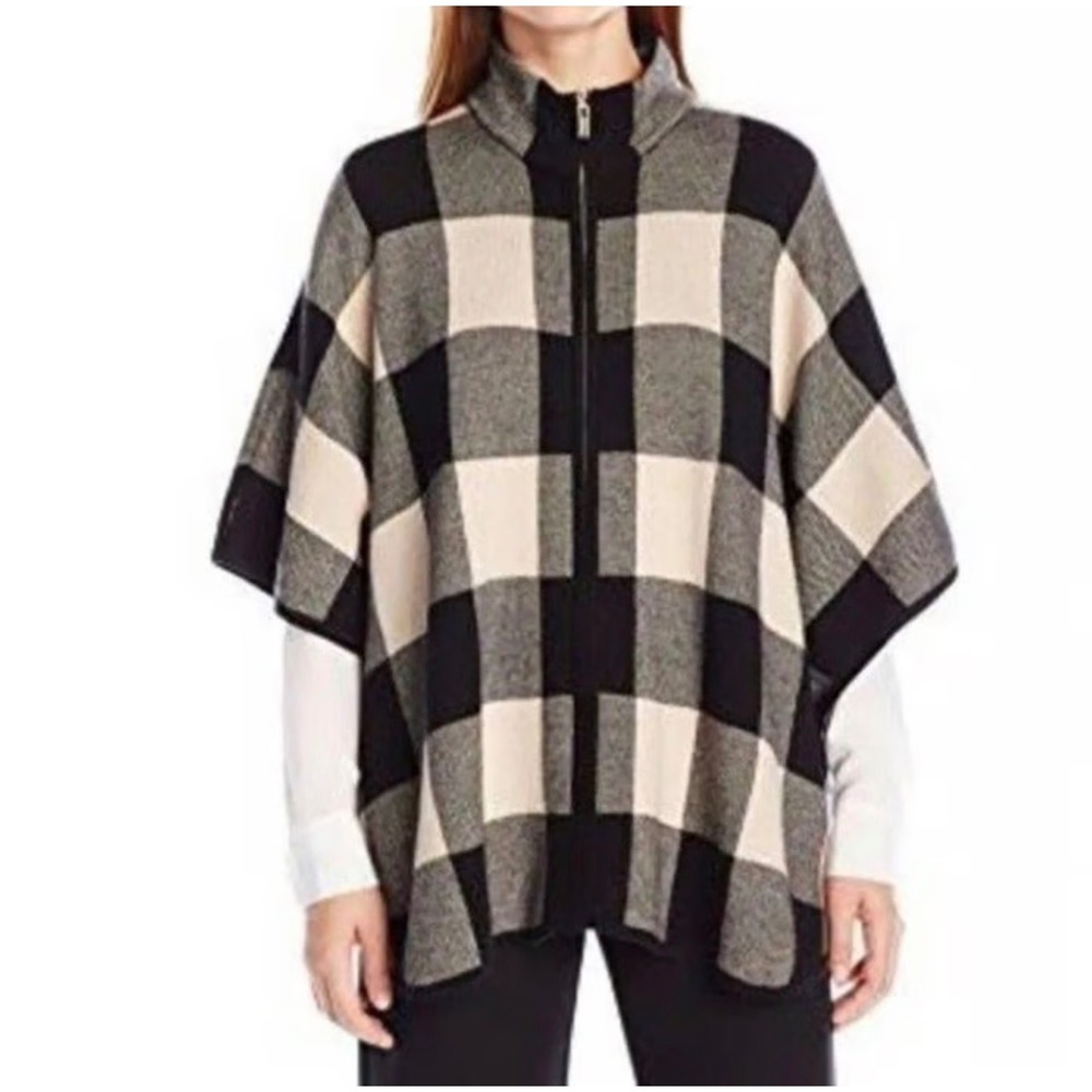 Jones New York Signature Plaid Poncho Cape Women's 0x-1x Navy Blue Beige Wool BL